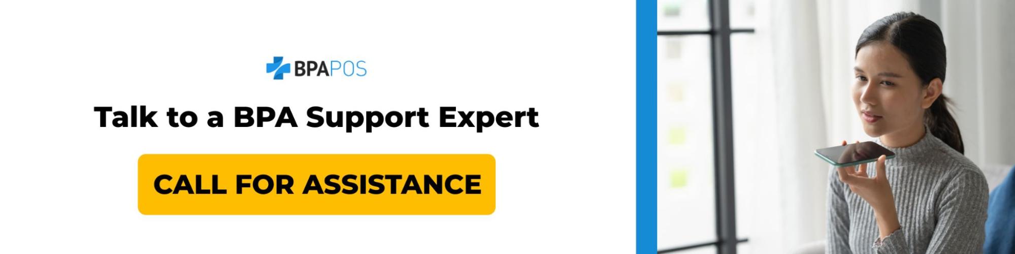 Talk to a BPA Support Expert Woman speaking into her phone while seeking help, representing quick access to BPA assistance and reliable point of sale support.