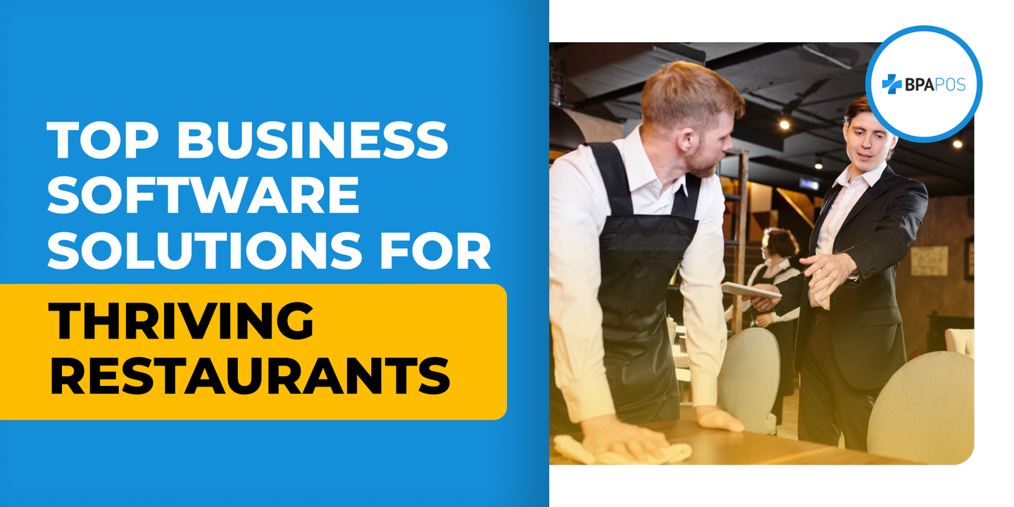 Business Software Solutions to Help Restaurants Thrive Restaurant manager guiding a staff member in a modern restaurant, showcasing effective business software solutions for smooth operations.