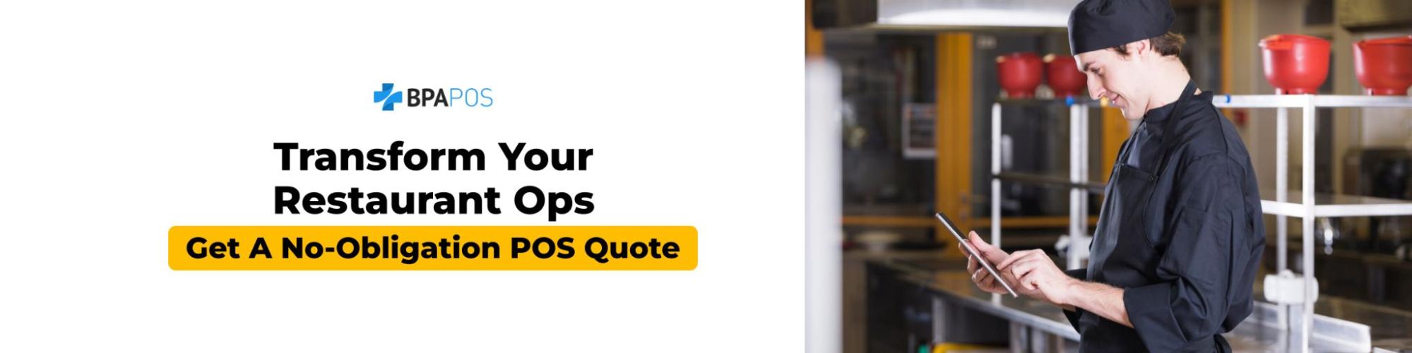 Restaurant staff member using a tablet in a commercial kitchen, promoting POS tools to improve daily operations and efficiency