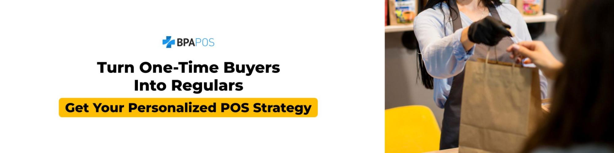 CTA banner showing enhanced customer loyalty with BPA POS, featuring a staff member handing a takeaway bag to a repeat customer.