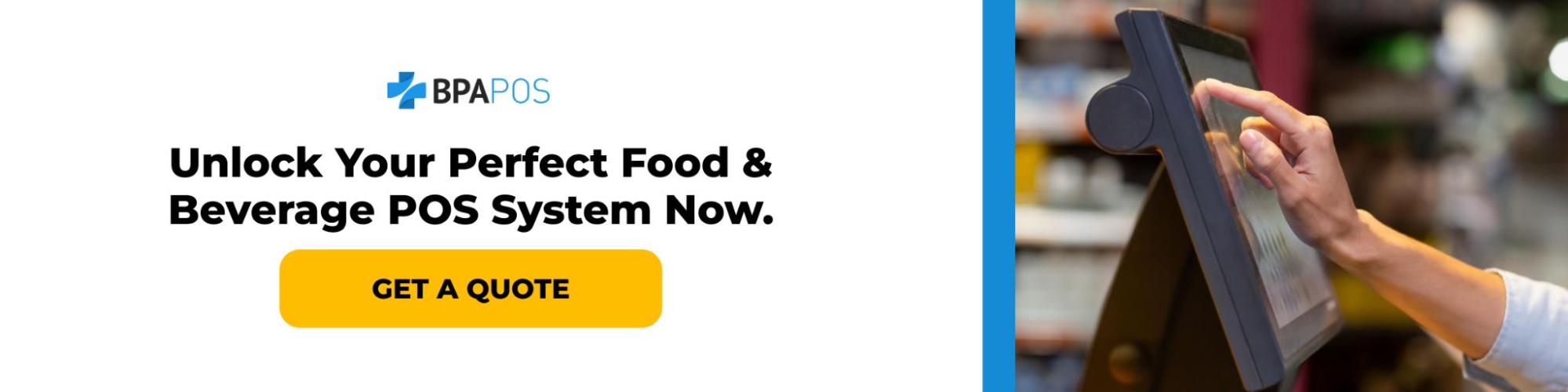 User interacting with a touchscreen Food and beverage POS system at a counter, highlighting fast ordering and checkout features.