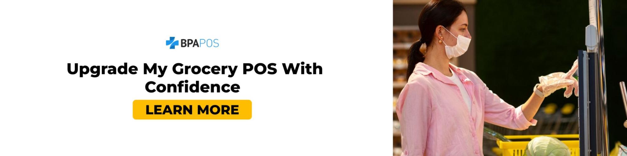 Grocery employee using a touchscreen checkout, showing how POS systems for grocery stores support confident upgrades and smooth daily operations.