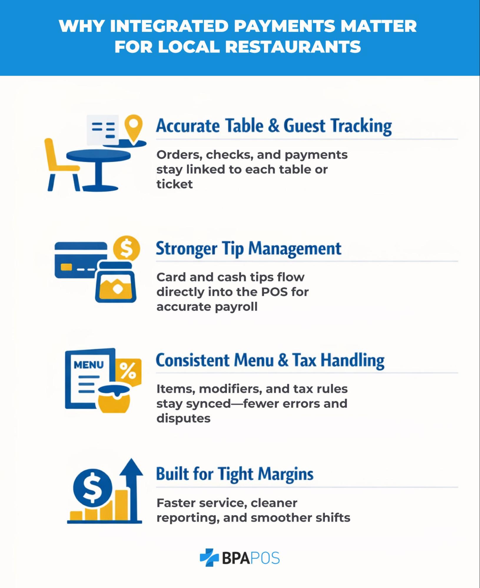 Graphic explaining benefits of POS payment integration for restaurants, including table tracking, tip management, menu accuracy, and margins.