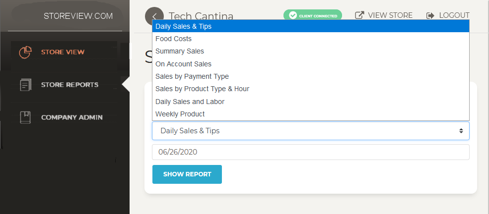 Restaurant Payroll Software Reporting Dashboard Restaurant payroll software dashboard showing sales reports menu, labor tracking options, and date-based report selection interface.